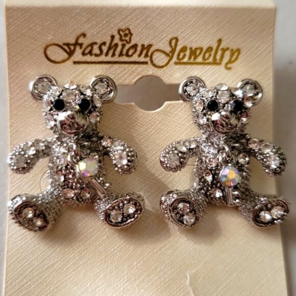 Teddy Bear Post Earrings Silver Tone Rhinestones Movable Key New OS - Picture 2 of 10